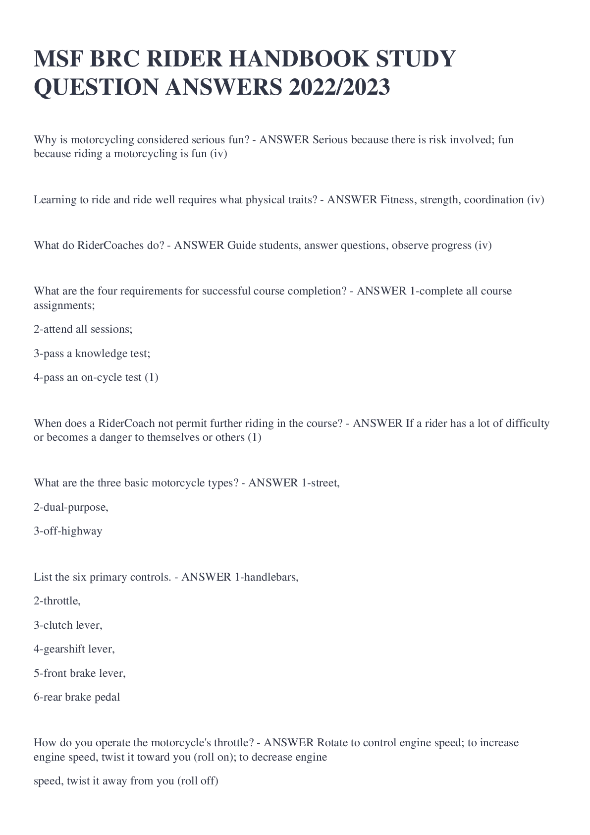 MSF BRC RIDER HANDBOOK STUDY QUESTION ANSWERS 2022/2023